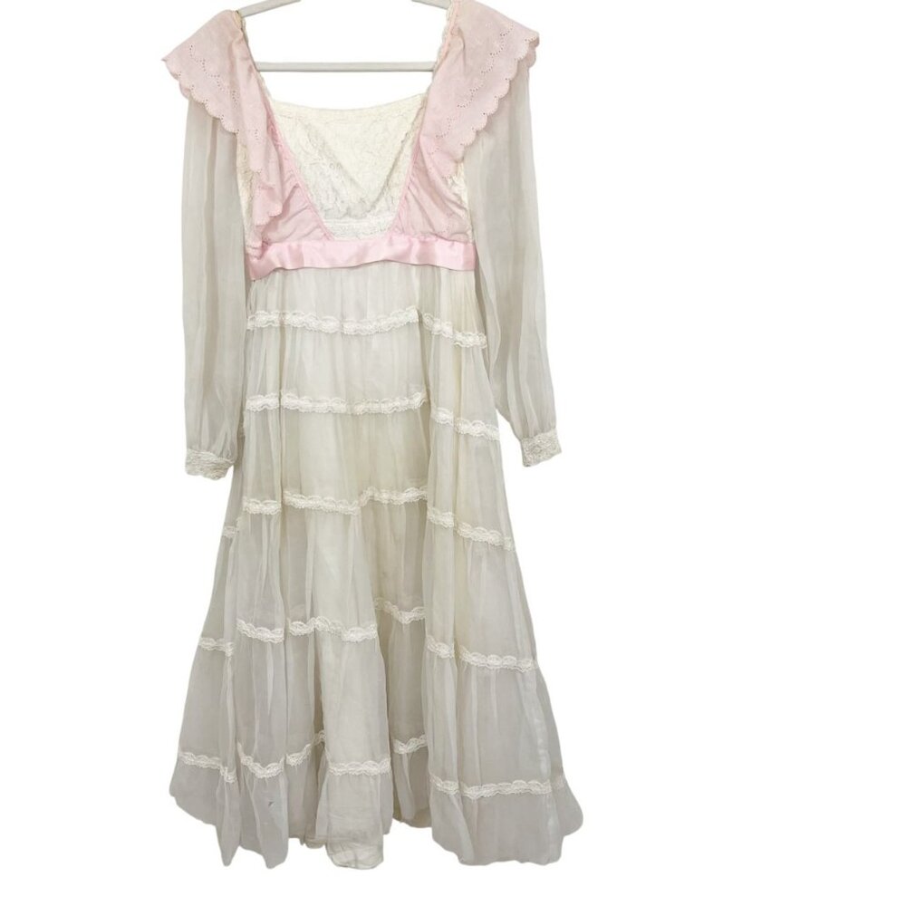 Vintage Lorrie Deb 1970s White & Pink‎ Prairie Dress Cottagecore Union Made